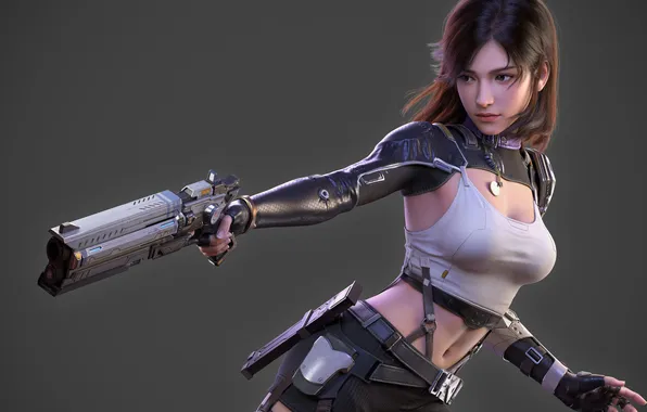 Picture short hair, women, brunette, belly, girls with guns, looking away, shoulder length hair, closed mouth
