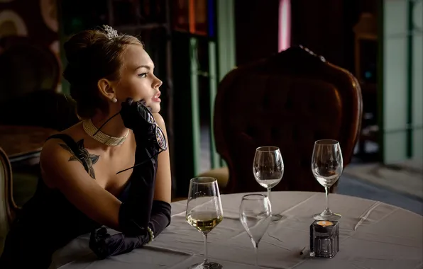 Picture look, girl, pose, wine, model, glass, tattoo, glasses