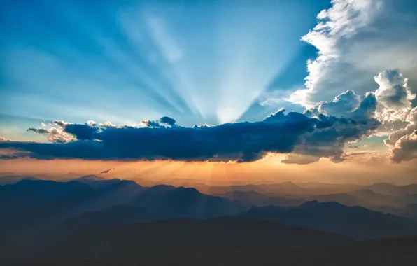 The sky, clouds, light, mountains, hills, valley