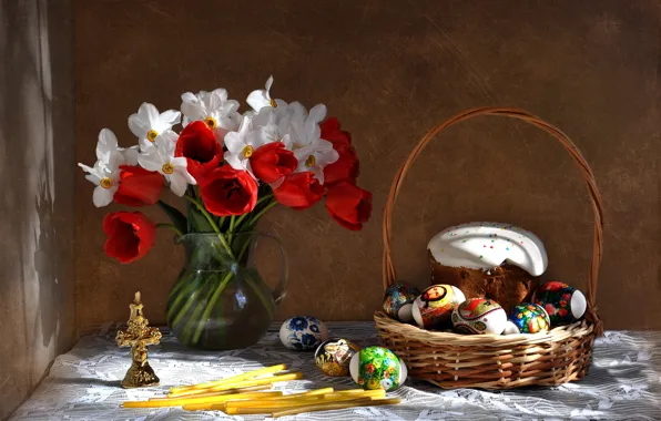 Picture flowers, holiday, bouquet, spring, Easter, tulips, still life, cake