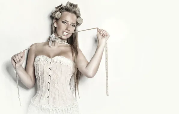 Picture girl, teeth, white background, corset, curler, meter