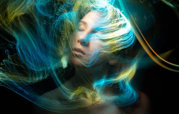 Girl, light, line, abstraction, face, green, style, blue