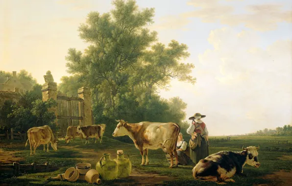 Trees, landscape, animal, oil, picture, cows, Jacob van stry, The Time Of Milking