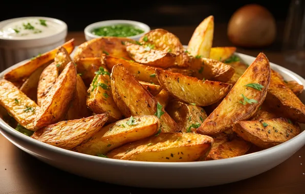 Greens, food, plate, pieces, slices, potatoes, fried potatoes, ruddy crust