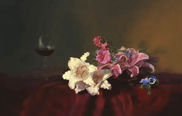 Picture flowers, table, wine, Lily, glass, books, picture, still life