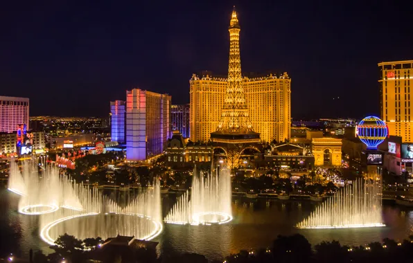 The sky, lights, tower, home, the evening, Las Vegas, fountain, USA