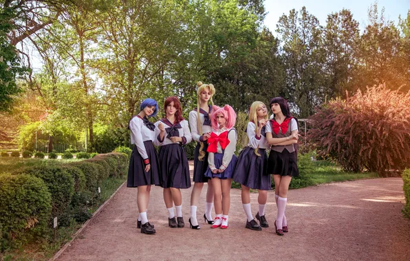 Trees, Park, girls, track, form, friend, outfits, costumes