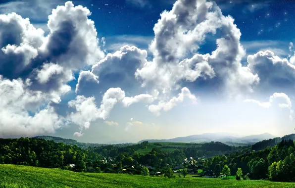 Picture field, the sky, grass, clouds, trees, village
