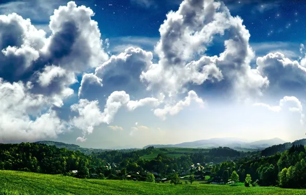 Field, the sky, grass, clouds, trees, village