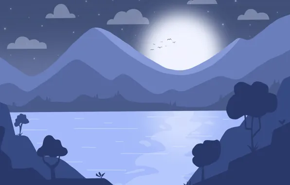 Nature, Clouds, Mountains, Night, Lake, The moon, Pond