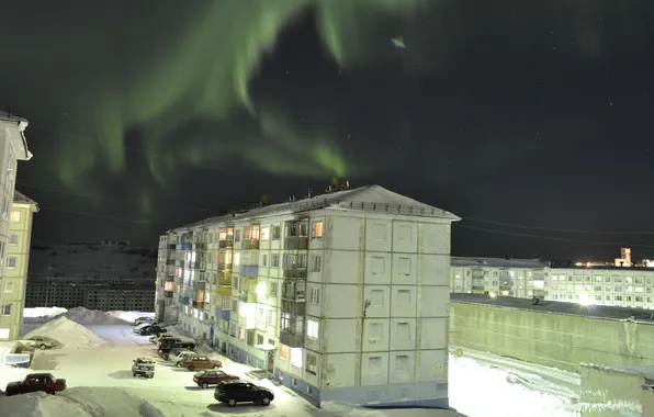 Picture Aurora, Winter, Wild, Automobiles, Northern Lights, Cold, Houses, Polar Lights