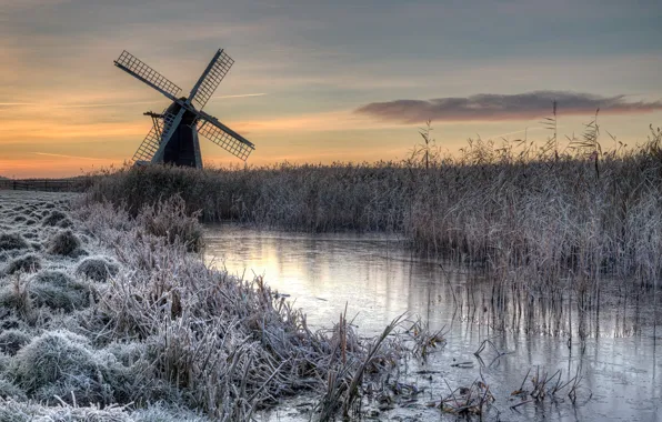 Picture frost, sunset, mill