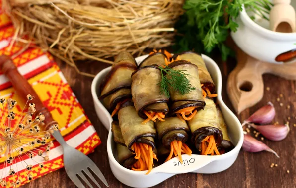 Eggplant, carrots, garlic, appetizer, rolls