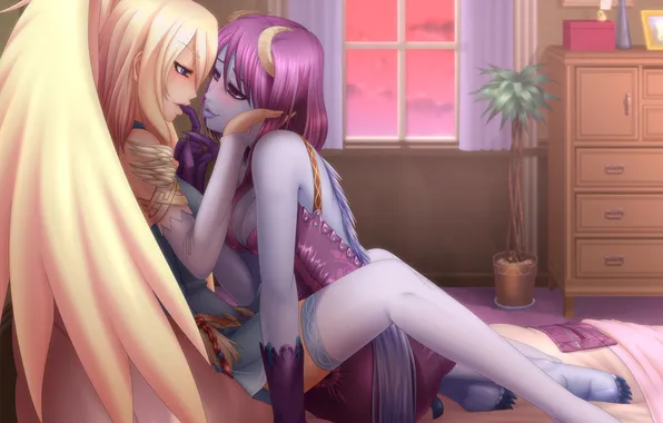Chest, smile, girls, angel, the demon, bed, art, aion