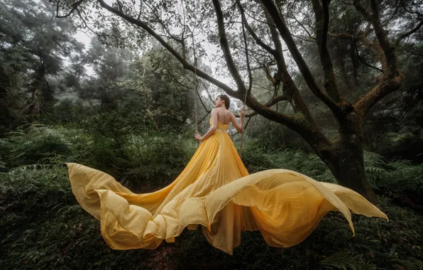 Forest, girl, yellow dress