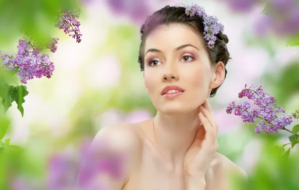 Look, leaves, girl, brown hair, bokeh, brown-eyed, tenderness. charm. lilac