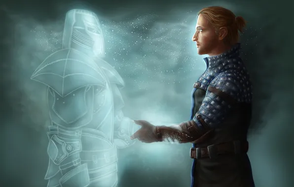 Picture MAG, guy, Dragon Age, armor, fanart, handshake, Anders, renegade