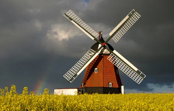 Picture field, clouds, overcast, rainbow, mill, rape