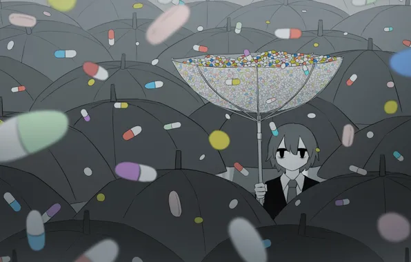 Surrealism, umbrella, pills, guy, by avogado6