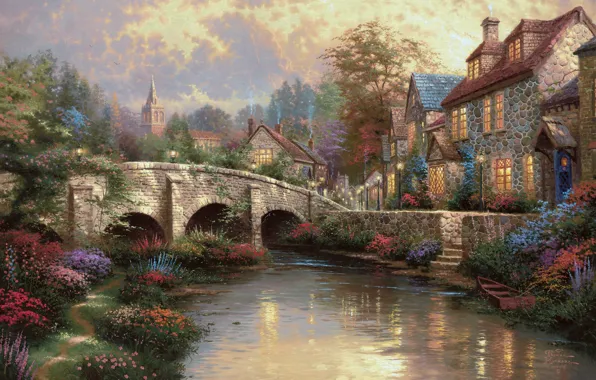 Bridge, house, river, street, boat, home, painting, Thomas Kinkade