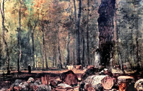Picture picture, Constant Troyon, Troyon Constant, Forest landscape with herd of cattle and shepherd