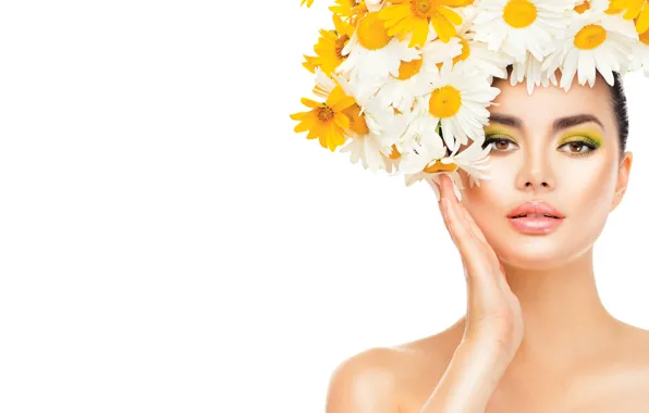 Girl, model, hand, makeup, gesture, wreath, daisies, Anna Subbotina