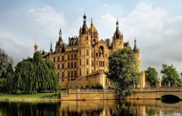 Water, trees, castle, Germany, Schwerin