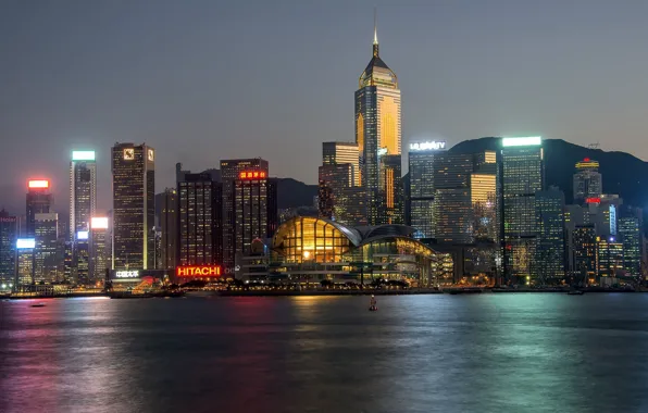 Water, night, the city, Hong Kong, China