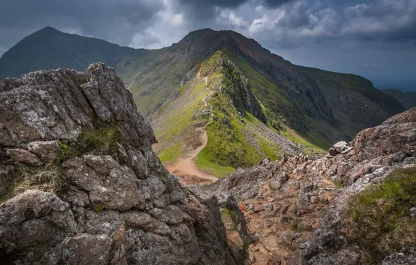 The sky, clouds, mountains, path