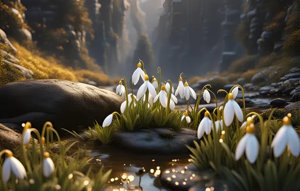 Water, light, flowers, mountains, nature, fog, glare, stones