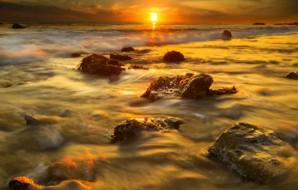 Beach, the sun, algae, sunset, stones, CA, Malibu