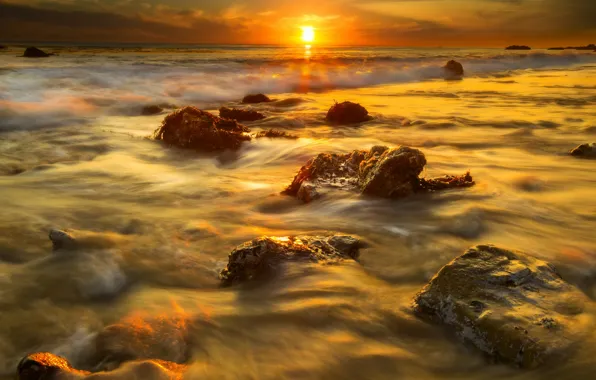 Picture beach, the sun, algae, sunset, stones, CA, Malibu