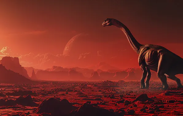 The sun, Mountains, Stones, Dawn, Dinosaur, Animal, Digital art, Ancient animals