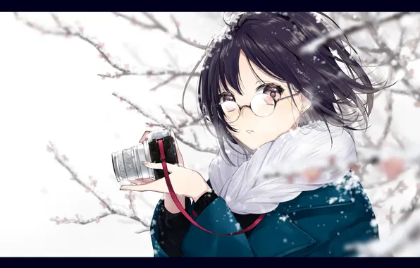 Picture girl, snow, surprise, anime, art, glasses, the camera, sogawa