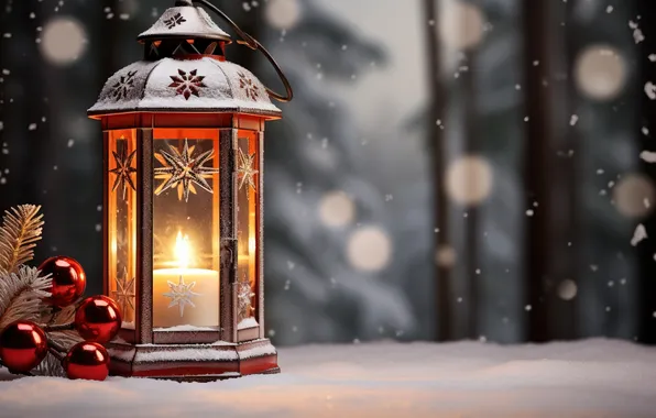 Winter, snow, night, Christmas, lantern, New year, Christmas, night