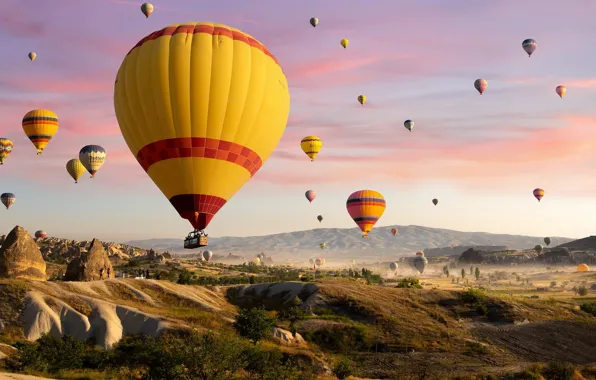 The sky, clouds, flight, mountains, balloons, rocks, dal, morning
