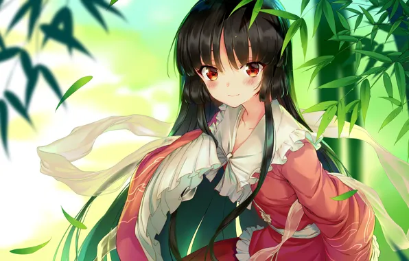 Leaves, girl, dress, red eyes, long hair, anime, art, wukloo