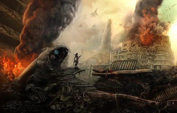 The wreckage, girl, the city, weapons, fire, smoke, shot, art