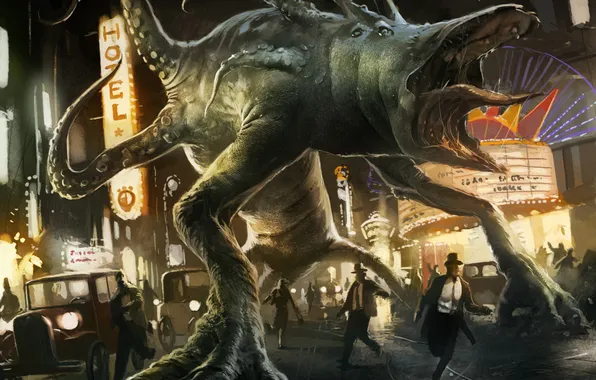 Road, the city, lights, people, monster, signs, cars, Howard Phillips Lovecraft