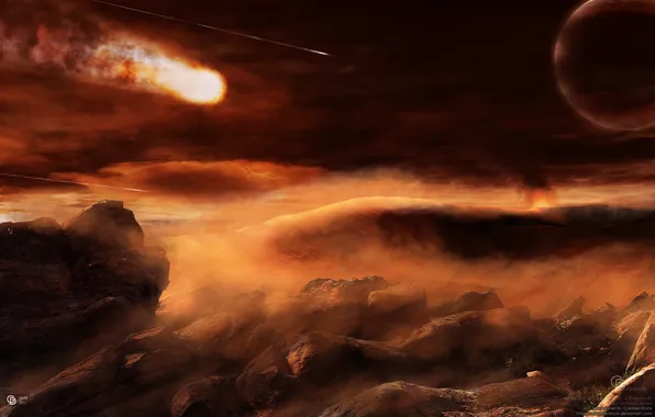 The sky, clouds, surface, rocks, fire, planet, meteorite, another world