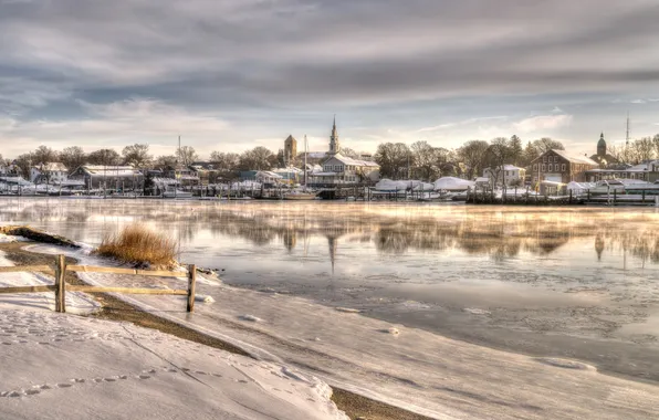 Picture Winter, Snow, Morning, Church, Barrington River, Warren Rhode Island, Painterly