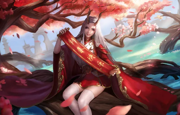Characters, horns, white hair, in the water, scroll, white stockings, youkai, sitting on a branch