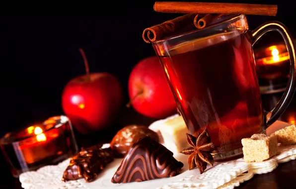 Picture tea, apples, chocolate, candles, candy, sugar, cinnamon