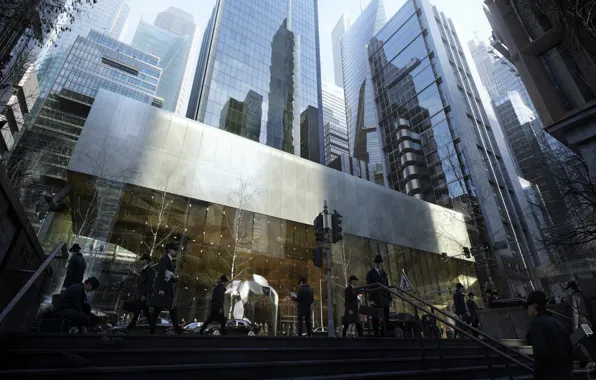 Trees, reflection, people, traffic light, ladder, stage, skyscrapers, passers-by