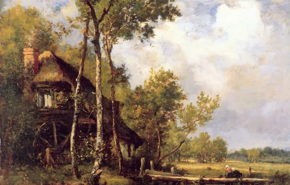 The sky, clouds, river, people, picture, mill, the bridge, Diaz de la Pena