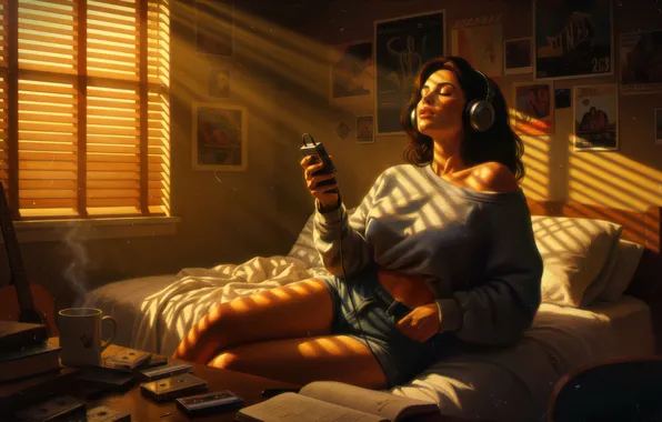 Music, Listening, Girl, Room, Alone, Headphones