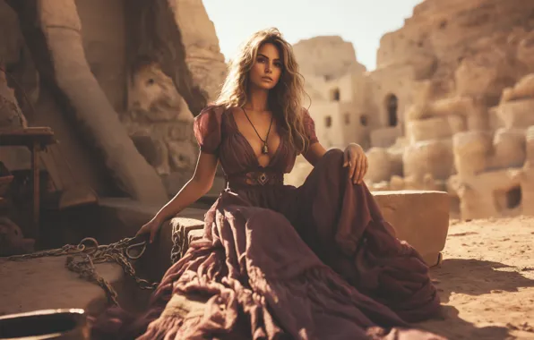 Sand, chest, look, girl, light, nature, the city, pose