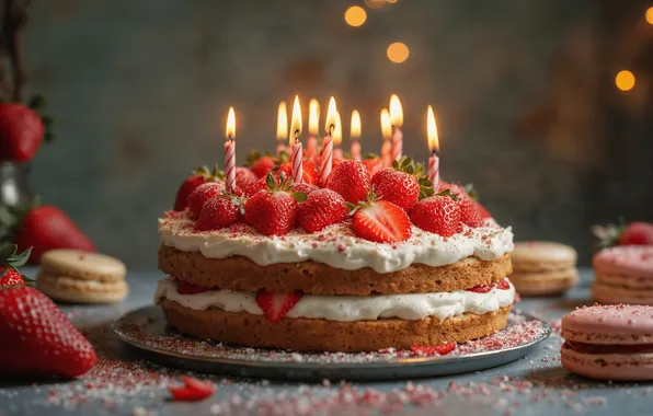 Berries, table, fire, flame, holiday, candles, strawberry, cake