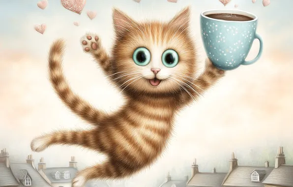 Cat, the sky, cat, look, flight, pose, kitty, building