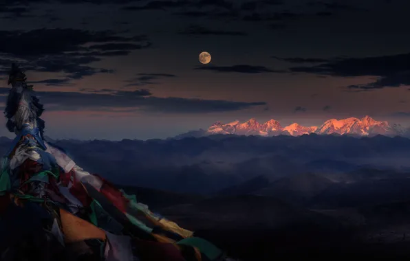 Moon, landscape, mountains, Tibet, The Himalayas, Himalayas, mounts